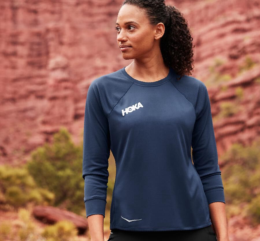 Top Hoka One One Mujer - Performance 3/4 Sleeve - Azul Marino - RZN842057